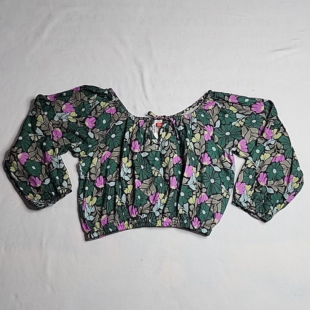 Marine Layer Floral Off-Shoulder Crop Top in Green and Purple